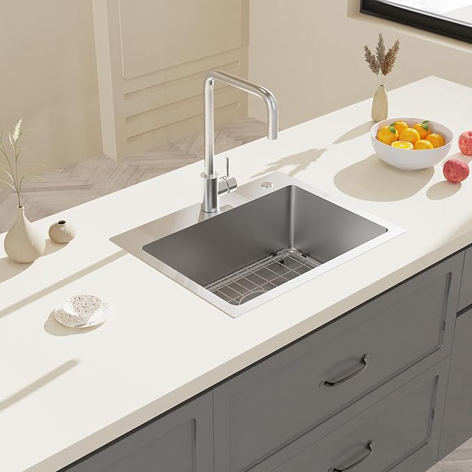 20" x 16" Drop in Kitchen Sink 304 Stainless Steel Single Bowl Topmount Kitchen Sink with Drain Kit and Bottom Grid, Brushed