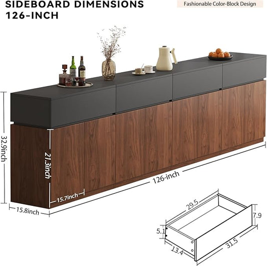 126"Buffet Cabinet with Drawer & Door, Console Table, Set of 4 Modular Stackable Sideboard Coffee Bar Cabinet with Adjustable Shelves, Matte Gray Walnut Storage Accent Credenza for Living Room