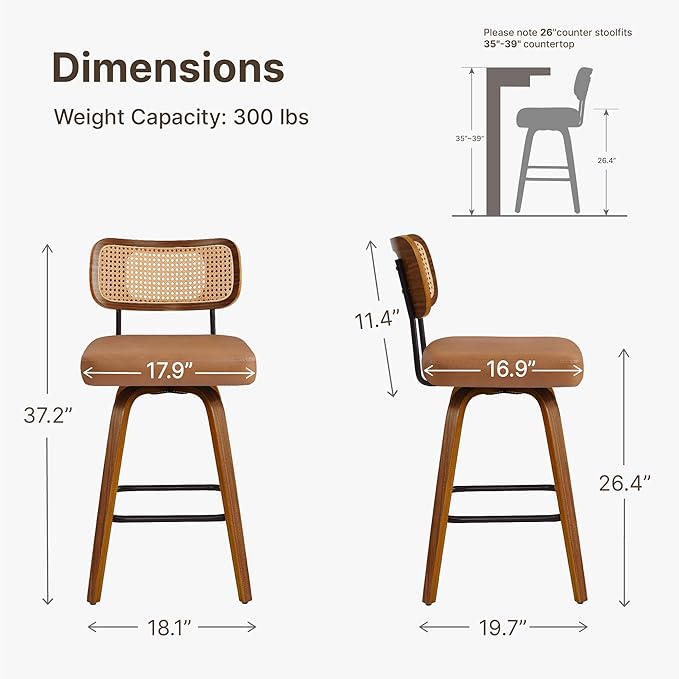Swivel Bar Stools Set of 2, 26" Upholstered Counter Height Bar Stools with Rattan Back and Bent Walnut Wood Legs, Faux Leather Modern Barstools for Kitchen Island,Rattan Brown