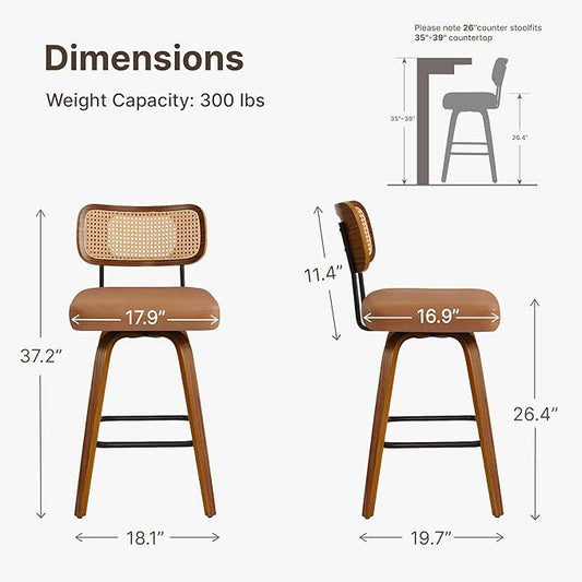 Swivel Bar Stools Set of 2, 26" Upholstered Counter Height Bar Stools with Rattan Back and Bent Walnut Wood Legs, Faux Leather Modern Barstools for Kitchen Island,Rattan Brown