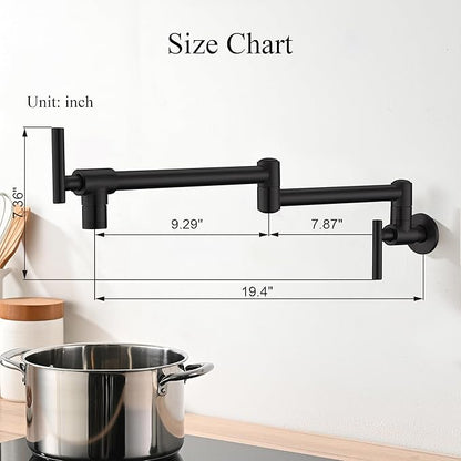 Pot Filler Faucets - for Kitchen, Sink, Stove and Bar with Brass Wall Mount Double Joint Swing Arms - Leak Free Designs with High-Flow Aerators - Retractable and Folding Save Space - Matte Black