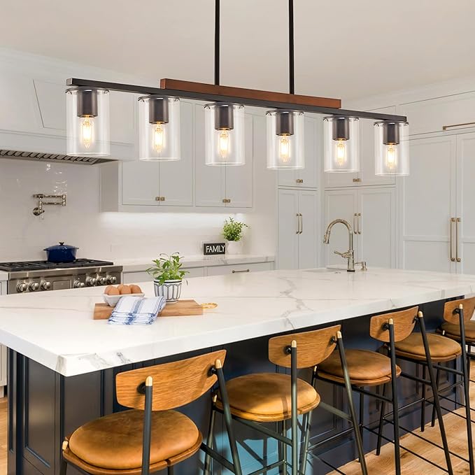 Mecgirn Farmhouse Dining Room Light Fixtures Over Table, Black Pendant Lights for Kitchen Island, 6 Light Large Linear Chandelier Lighting with Wood