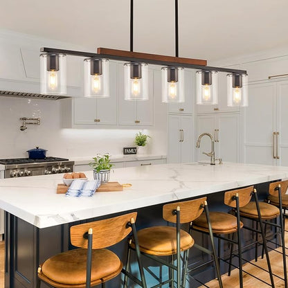 Mecgirn Farmhouse Dining Room Light Fixtures Over Table, Black Pendant Lights for Kitchen Island, 6 Light Large Linear Chandelier Lighting with Wood