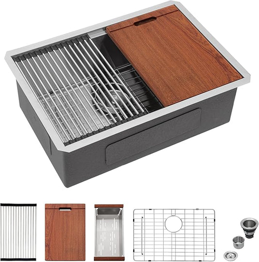 Mocoloo 27 Inch Undermount Kitchen Sink - 27x19 Stainless Steel Sink 16 Gauge Single Bowl Workstation Handmade Deep Basin