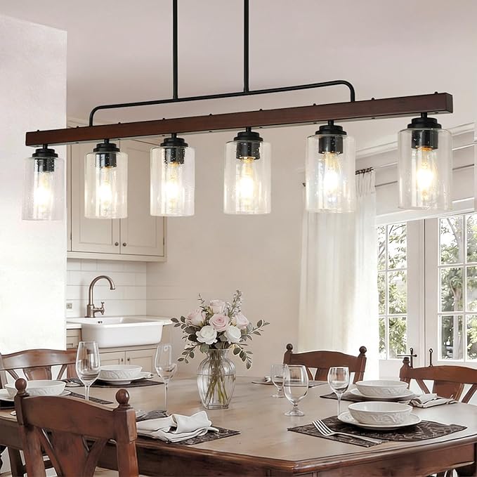 COTULIN 6-Light Farmhouse Kitchen Island Lighting, Dining Room Light Fixture, Rustic Wood Linear Chandelier Hanging, Black Pendant Light with Adjustable Rods and Seeded Glass Shades