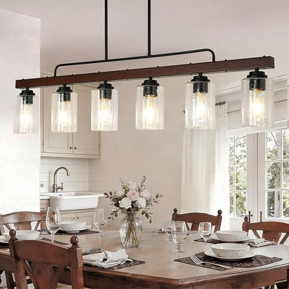COTULIN 6-Light Farmhouse Kitchen Island Lighting, Dining Room Light Fixture, Rustic Wood Linear Chandelier Hanging, Black Pendant Light with Adjustable Rods and Seeded Glass Shades