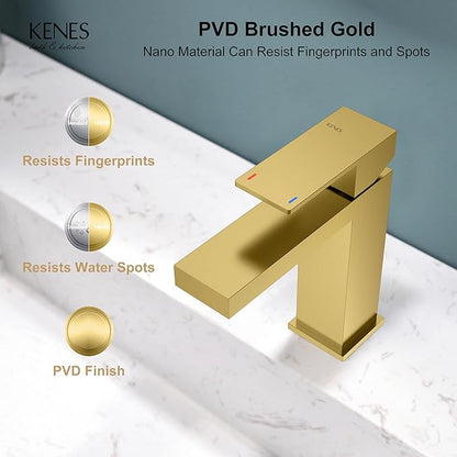 KENES Brushed Gold Bathroom Faucets, Modern Single Hole Lavatory Vanity Faucet, Single Handle Bathroom Sink Faucet Gold, with Pop Up Drain & Water Supply Hoses LJ-9031-4
