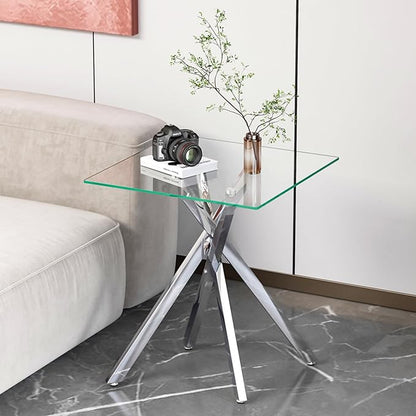 Square Side Table with X-Shaped Silver Chrome Metal Base, Tempered Glass End Tables Small End Table, Living Room Sofa Couch Side Table, Modern Bedsde Tables Bedroom Night Stand, Clear Nightstand