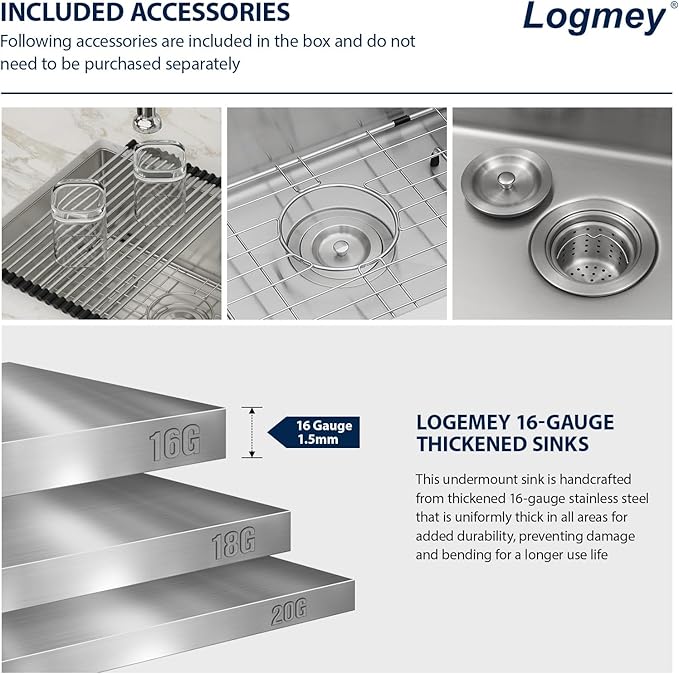 Logmey 23 Inch Undermount Kitchen Sink - 23x18 In Handmade Stainless Steel kitchen Sinks Undermount Bar Sink Single Bowl 16 Gauge RV Sinks Prep Basin 23x18x9 Inches