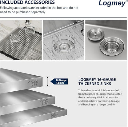 Logmey 23 Inch Undermount Kitchen Sink - 23x18 In Handmade Stainless Steel kitchen Sinks Undermount Bar Sink Single Bowl 16 Gauge RV Sinks Prep Basin 23x18x9 Inches