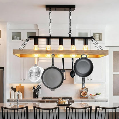 Rustic Farmhouse Chandelier for Dining Room, 31.5" Linear 5-Light Black Metal with Retro Wood Finish, Industrial Hanging Pendant Light Fixture for Kitchen Island Over Table (E26)