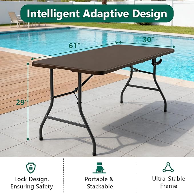 Folding Table 5ft - Heavy Duty Fold-in-Half Plastic Table with Adjustable Height, Portable Utility Tables with Steel Legs for Indoor, Outdoor, Picnic, Camping, Dining, Party (Brown)