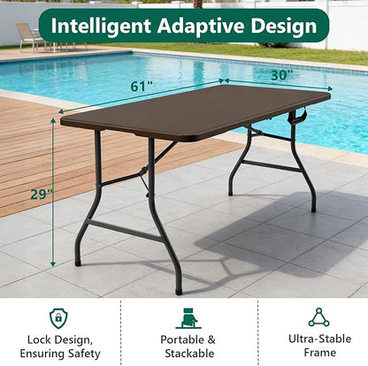 Folding Table 5ft - Heavy Duty Fold-in-Half Plastic Table with Adjustable Height, Portable Utility Tables with Steel Legs for Indoor, Outdoor, Picnic, Camping, Dining, Party (Brown)