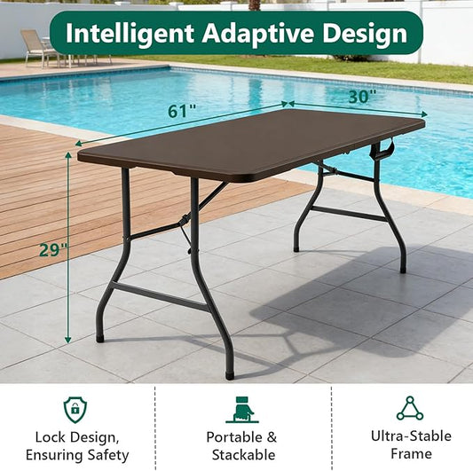 Folding Table 5FT Heavy Duty Plastic Table with Handle, Foldable and Portable, Fold-in-Half Utility Tables for Outdoor, Dining, Wedding, Events, Indoor, Picnic, Camping, Party, (Brown)
