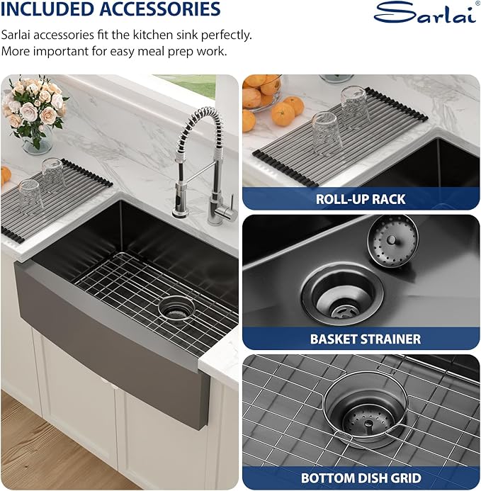 Sarlai Black Farmhouse Sink - 30 Inch Apron Front Kitchen Sink 30x22 Inch Farmhouse Kitchen Sinks Gunmetal Black Farmer Farm Stainless Steel 16 Gauge Sinks Deep Single Bowl Basin