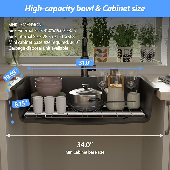 Lordear Black Drop In Kitchen Sink 31 Inch Quartz Granite Composite Black Deep Single Bowl Topmount Kitchen Sinks 31x20 Inch