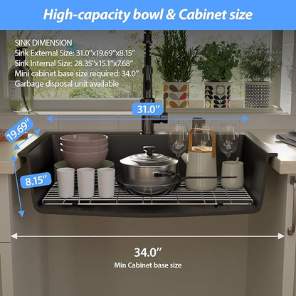 Lordear Black Drop In Kitchen Sink 31 Inch Quartz Granite Composite Black Deep Single Bowl Topmount Kitchen Sinks 31x20 Inch