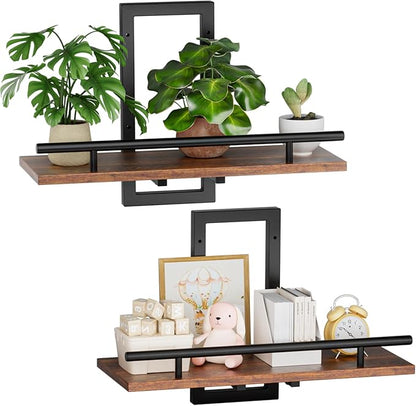 Sbosbo Floating Shelves for Wall to Hold Plants and Small Decor, 15.8 Inch Wall Mounted Shelves Set of 2, Easy to Mount Book Shelf for Bedroom, Living Room, Bathroom, Kitchen, Rustic Brown