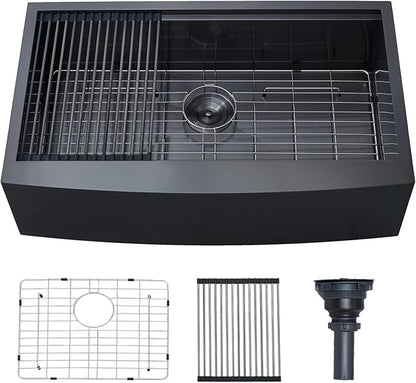 33 Inch Farmhouse Sink, Gunmetal Black Stainless Steel Apron Front Undermount Single Bowl Farm Kitchen Sink 33x20x9 16 Gauge with Accessories