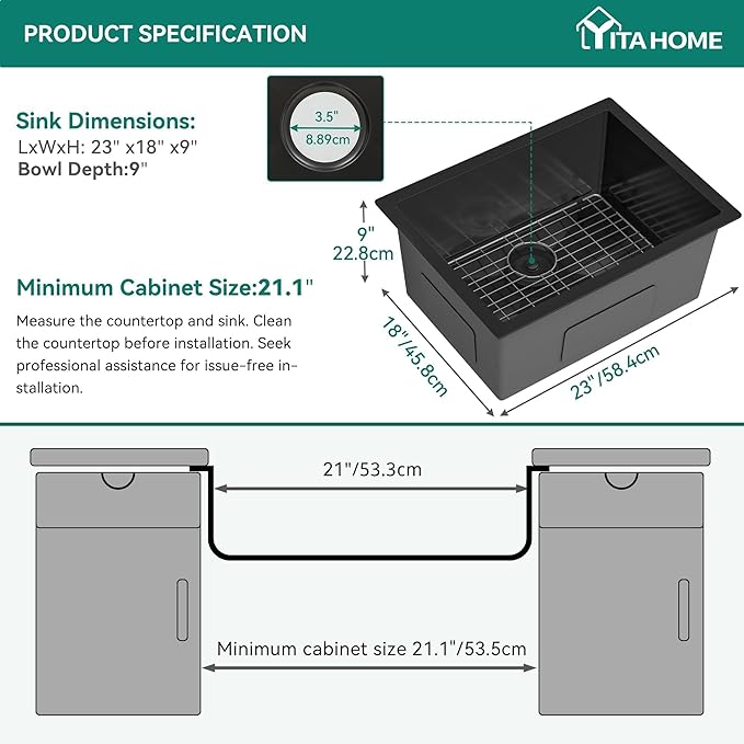 YITAHOME Black Kitchen Sink 23in Undermount Single Bowl Stainless Steel Nano Gunmetal Black Bar Sink with Accessories for Workstation, Prep Kitchen 23 x 18 x 9in