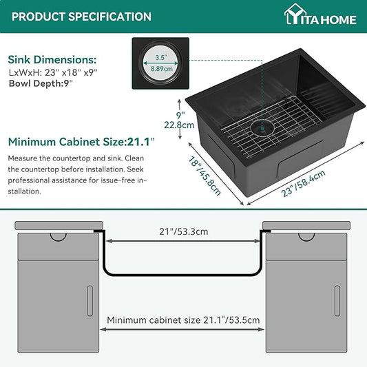YITAHOME Black Kitchen Sink 23in Undermount Single Bowl Stainless Steel Nano Gunmetal Black Bar Sink with Accessories for Workstation, Prep Kitchen 23 x 18 x 9in