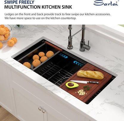 Sarlai 36 Matte Black Undermount Kitchen Sink - 36x19 Inch Black Kitchen Sink Workstation with Ledge NANO-Tech Stainless Steel Single Bowl Round Corner 16 Gauge Sinks Basin