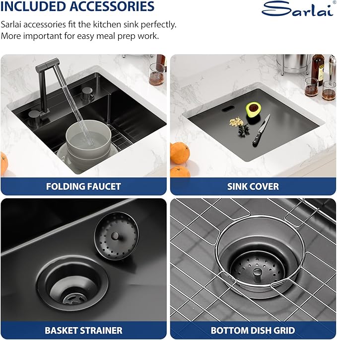 Sarlai Black Undermount Bar Sink With Foldable Faucet - 18x18 Inch Outdoor Black Kitchen Sink RV Workstation 16 Gauge Stainless Steel Single Bowl Handmade Outdoor BBQ Sinks with Lid