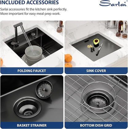 Sarlai Black Undermount Bar Sink With Foldable Faucet - 18x18 Inch Outdoor Black Kitchen Sink RV Workstation 16 Gauge Stainless Steel Single Bowl Handmade Outdoor BBQ Sinks with Lid