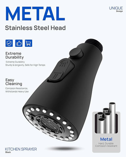 Metal Kitchen Faucet Head Replacement – 3 Mode Kitchen Sink Sprayer Replacement with 15 Nozzle Adapters, Durable Pull Down Spray Head for Kitchen Sink (Stream/Spray/Blade),Stainless Steel, Matte Black
