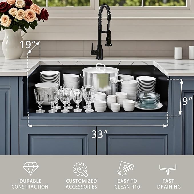 33x19 Inch Black Undermount Kitchen Sink, 16 Gauge 304 Stainless Steel Single Bowl Kitchen Sink, Workstation Sink with Accessories, 33x19x9 Large Deep Basin