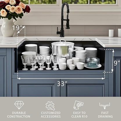 33x19 Inch Black Undermount Kitchen Sink, 16 Gauge 304 Stainless Steel Single Bowl Kitchen Sink, Workstation Sink with Accessories, 33x19x9 Large Deep Basin