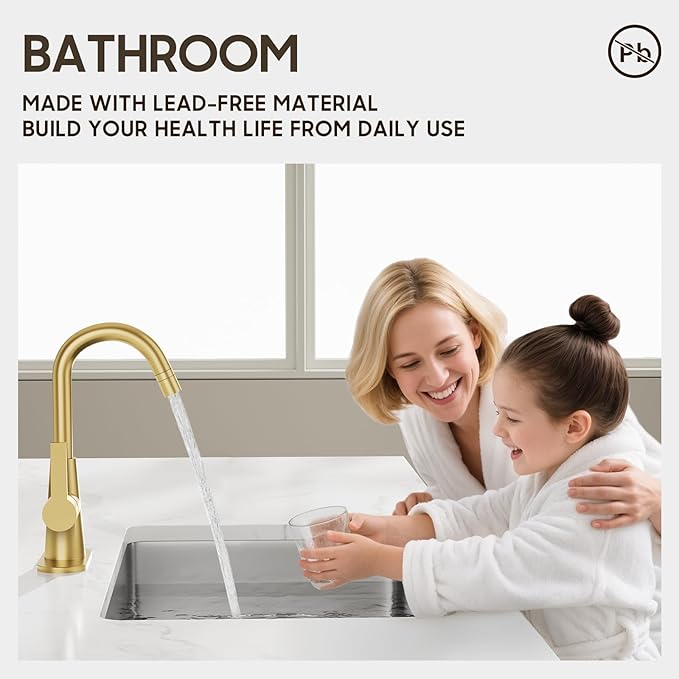 Phiestina Brushed Gold Tall Bathroom Sink Faucet with Pull Down Sprayer, High Arc Single Handle Pull Out Faucet with Pop-Up Drain, 1 or 3 Hole Laundry Bar Basin Faucet with Deck Plate,WE10CL-ZY-BG