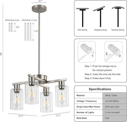 4-Light Modern Farmhouse Brushed Nickel Chandelier, Dining Room Light Fixture Over Table Adjustable Height Hanging Industrial Pendant Lights Kitchen Island, Clear Glass Shade