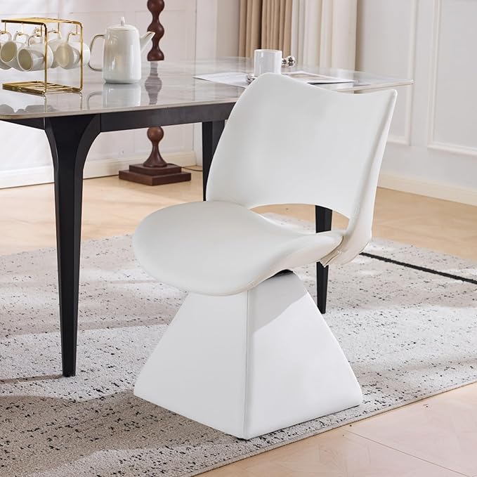 Swivel Dining Chair Upholstered Faux Leather Accent Seat with Curved High Back, Cushioned Foam Padding, Solid Wood and Metal Base, Modern Armless Side Chair for Kitchen Island Vanity Desk (White)