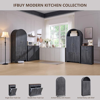 IFBUY 71" Tall Arched Bathroom Storage Cabinet, Modern Fluted Storage Cabinet w/Doors, 3 Adjustable Shelves, 6 Door Shelves, Wood Freestanding Cabinet for Bathroom, Entryway, Hallway, Dark Grey