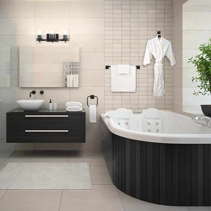 Globe Electric 51634 Dakota 5-Piece All-in-One Bathroom Set 3 Vanity Light with Seeded Glass Shades, Bar, Toilet Paper Holder, Towel Ring, Robe Hook, Matte Black