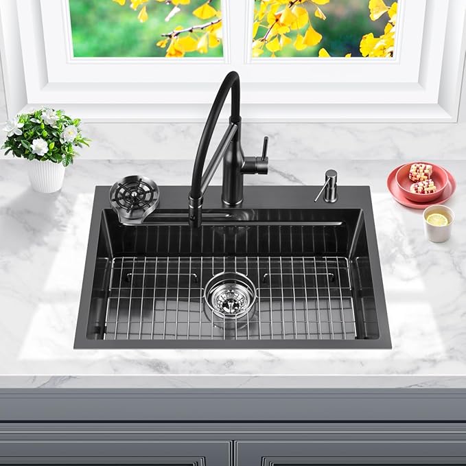 FRANIC 26" Handmade Black Bar Workstation Sink, 26" x 18" x 8" Stainless Steel Matte Nano Black Topmount Single Bowl Small Kitchen Outdoor Sink
