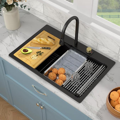Sarlai Waterfall Kitchen Sink - 33 Inch Drop In Granite Composite Sink 33x22 Inch Topmount Workstation Sink Matte Black Kitchen Sinks Quartz Single Bowl Multifunction Sinks with Waterfall