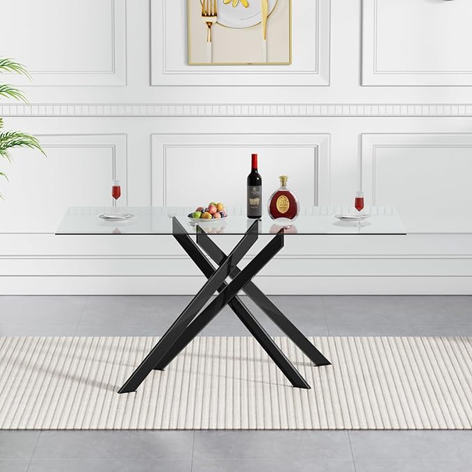51.2-Inch Glass Dining Table for 4, Rectangular Dining Room Table for 4, X-Shape Black Metal Legs, Kitchen Dining Room Living Room Glass Kitchen Table for 2