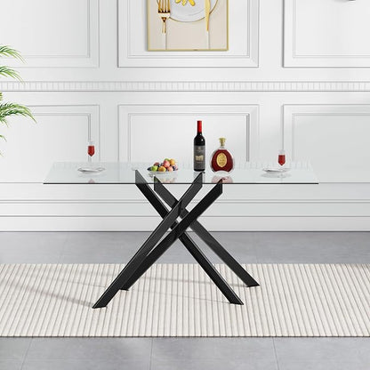 51.2-Inch Glass Dining Table for 4, Rectangular Dining Room Table for 4, X-Shape Black Metal Legs, Kitchen Dining Room Living Room Glass Kitchen Table for 2