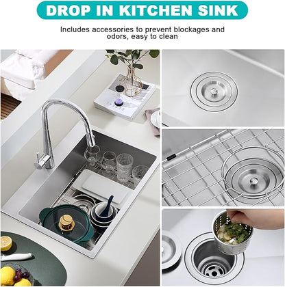24x18 Inch Drop in Kitchen Sink, 304 Stainless Steel Single Bowl with Bottom Grid Mat & X-Shape Drain, 9" Deep Compact Sink for Small Kitchen, Apartment, RV, Wet Bar, Office, Laundry Room