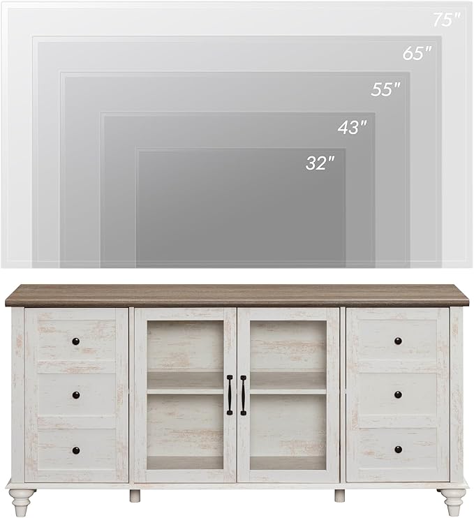 WAMPAT Sideboard Buffet Cabinets with Glass Door, Kitchen Storage Cabinets, Wood Coffee Bar Tables, Accent Sideboard Storage Cabinet for Dining Room, Living Room, Rustic White