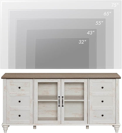 WAMPAT Sideboard Buffet Cabinets with Glass Door, Kitchen Storage Cabinets, Wood Coffee Bar Tables, Accent Sideboard Storage Cabinet for Dining Room, Living Room, Rustic White