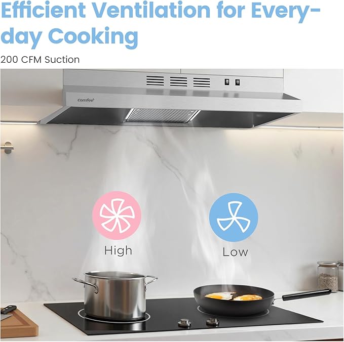 COMFEE' CVU30W2AST Range Hood 30 Inch Ducted Ductless Vent Hood Durable Stainless Steel Kitchen Hood for Under Cabinet with 2 Reusable Filter, 200 CFM, 2 Speed Exhaust Fan Silver