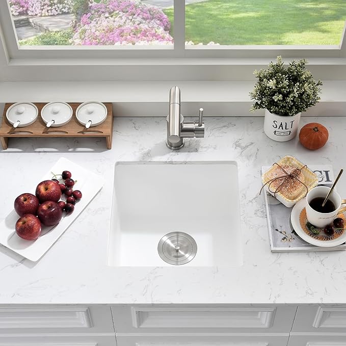 Undermount White Bar Sink, 16x16 Inch Small Granite Composite Wet Bar Sink with Faucet Combo Single Bowl Outdoor Quartz Undermount Sink for Island Station, Small Space