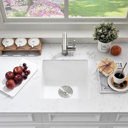 Undermount White Bar Sink, 16x16 Inch Small Granite Composite Wet Bar Sink with Faucet Combo Single Bowl Outdoor Quartz Undermount Sink for Island Station, Small Space