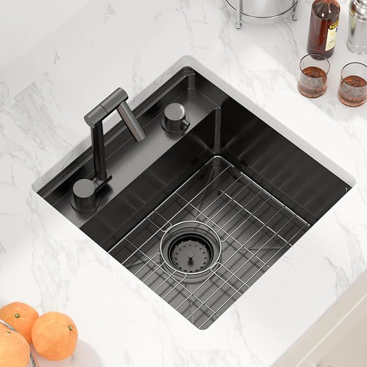 Sarlai Black Undermount Bar Sink With Foldable Faucet - 18x18 Inch Outdoor Black Kitchen Sink RV Workstation 16 Gauge Stainless Steel Single Bowl Handmade Outdoor BBQ Sinks with Lid