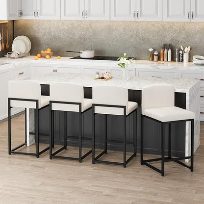 GarveeHome Bar Stools Set of 2, Modern Counter Height Bar Stools with Back and Footrest, Faux Leather Upholstered Barstools Chairs for Kitchen Island Dining Room Bar, White