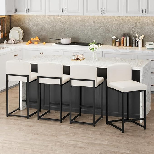 GarveeHome Bar Stools Set of 4, Modern Counter Height Bar Stools with Back and Footrest, Faux Leather Upholstered Barstools Chairs for Kitchen Island Dining Room Bar, White