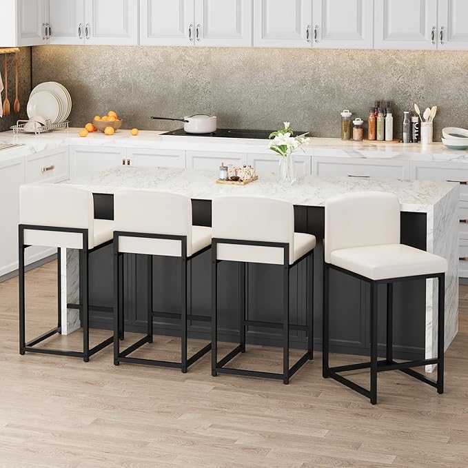 GarveeHome Bar Stools Set of 6, Modern Counter Height Bar Stools with Back and Footrest, Faux Leather Upholstered Barstools Chairs for Kitchen Island Dining Room Bar, White